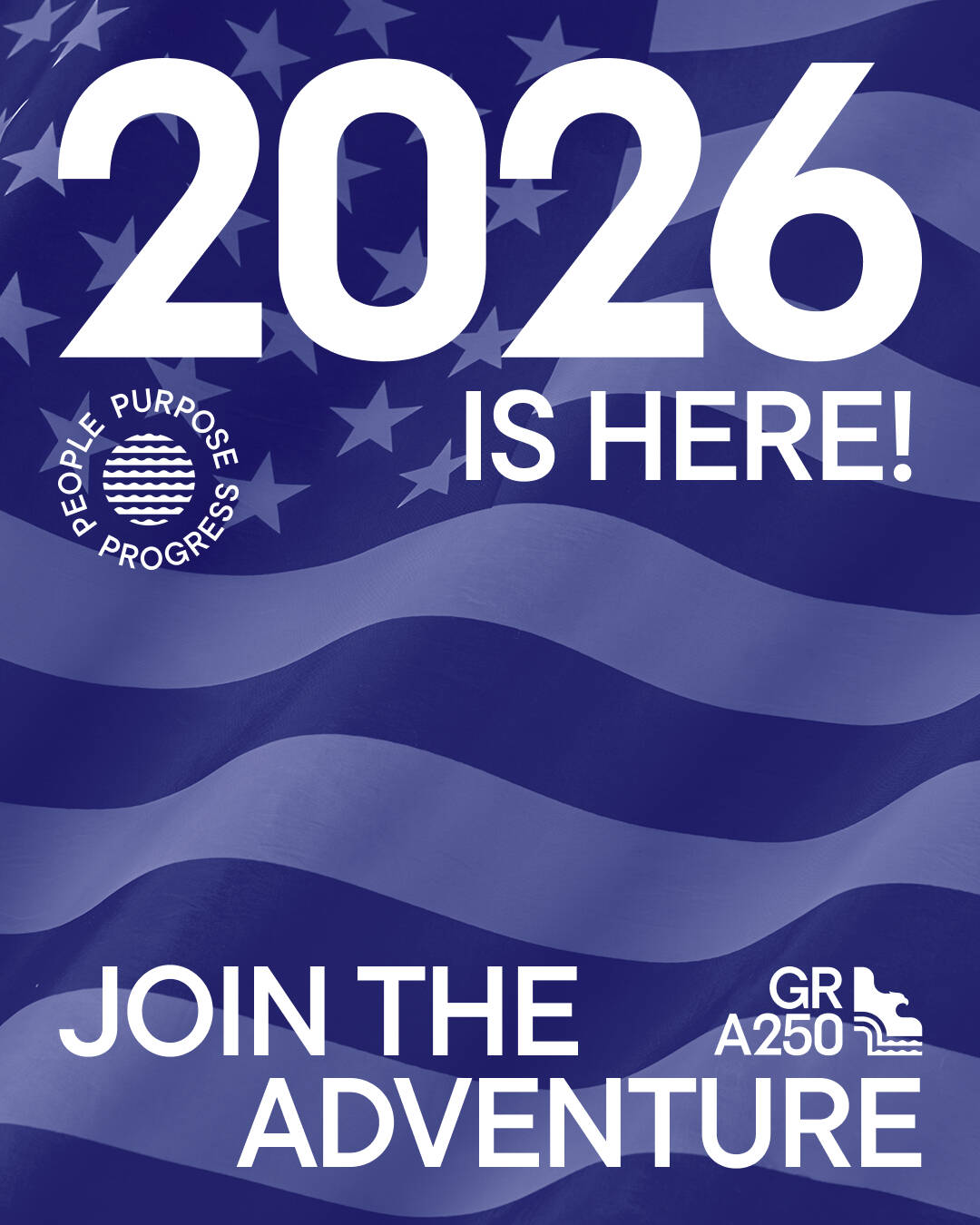 A blue graphic poster for the GR America 250 Celebration.